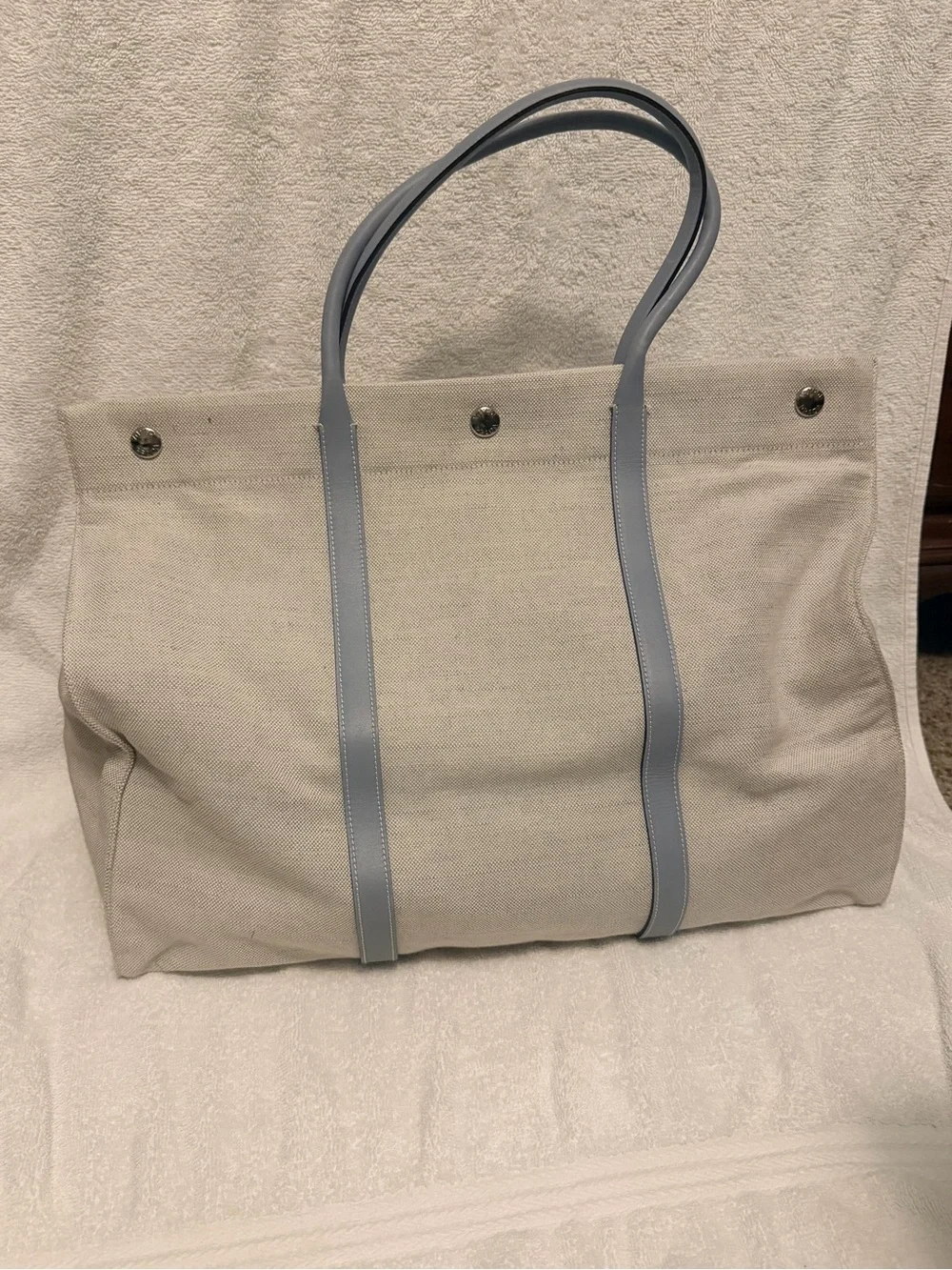 Prada Cream Canvas Tote with Light Blue Trim - Men Bags